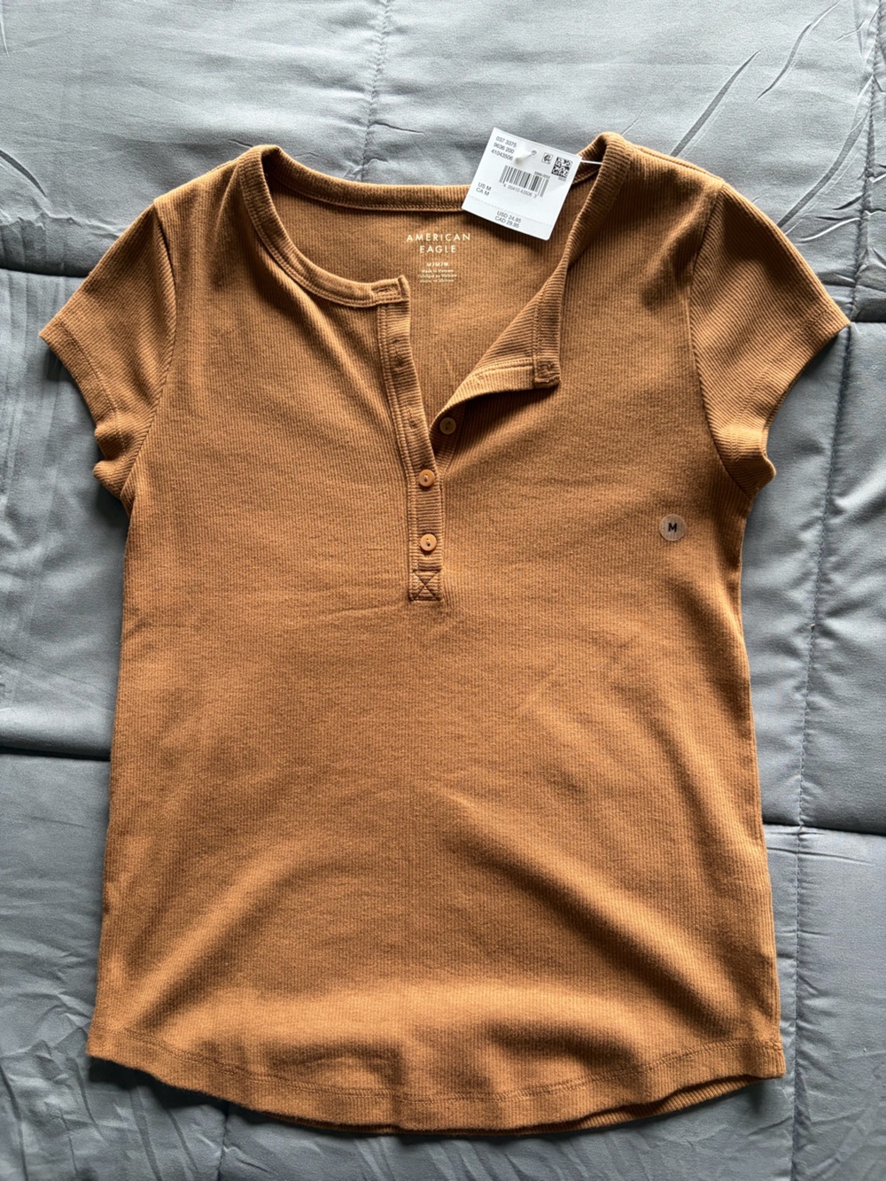 American Eagle Ribbed Short Sleeve Henley Top Brown